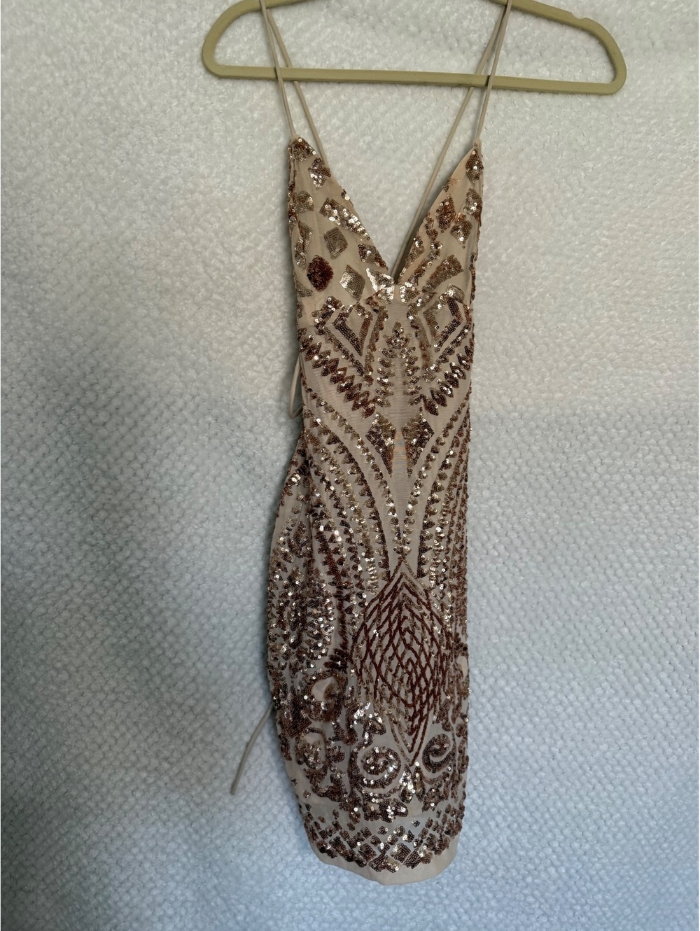 Sequin Embellished Nude Bodycon Dress with Spaghetti Straps